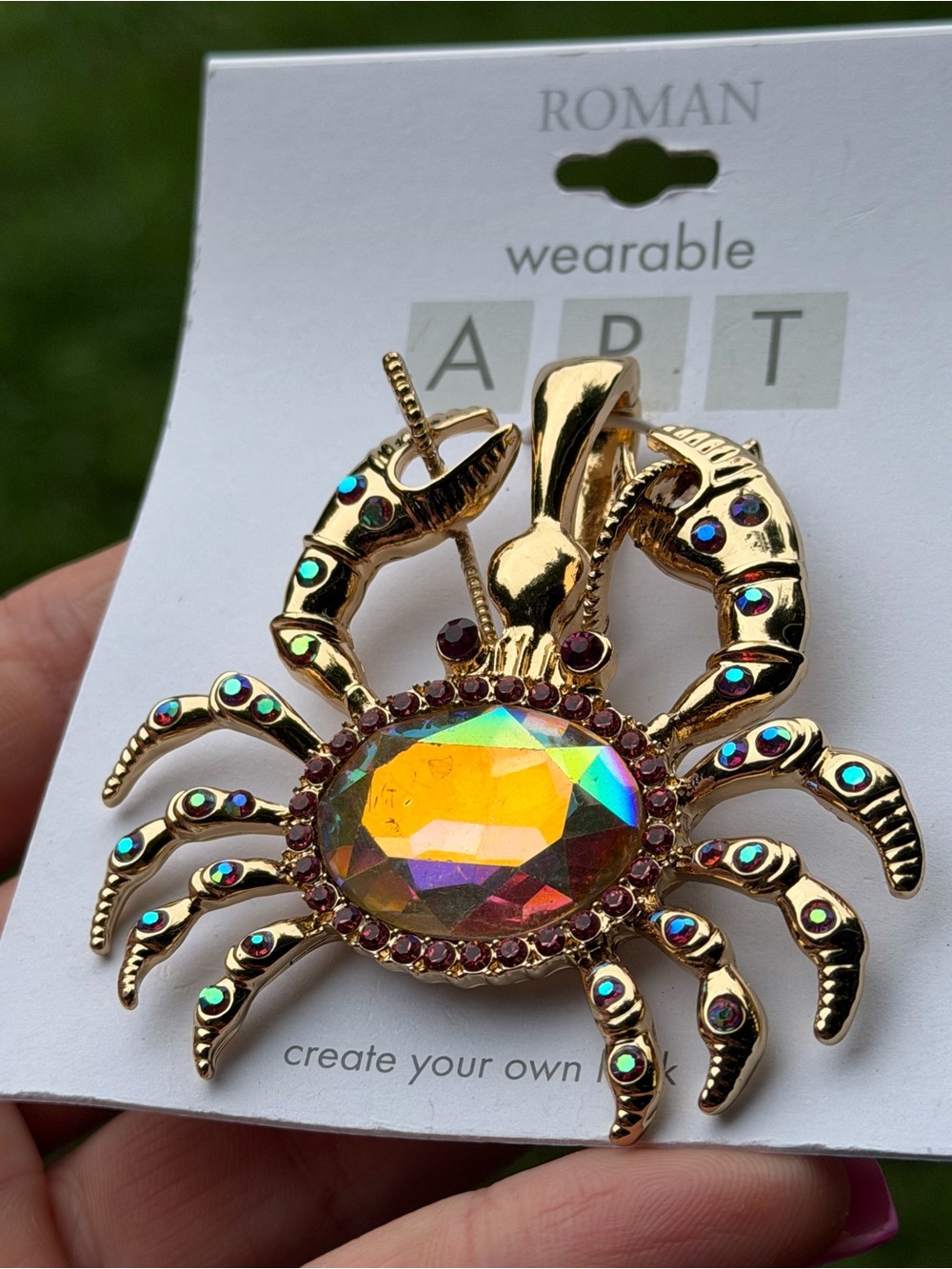 Roman Gold-Tone AB Iridescent Crystal Crab Magnetic Pendant Charm